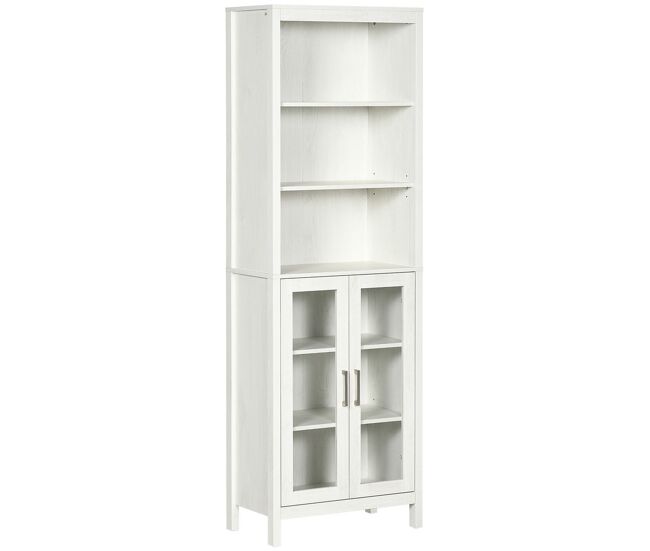 Kleankin armario alto de baño con 2 puertas de vidrio y 3 estantes abiertos columna auxiliar de baño para salón aseo dormitorio estilo moderno