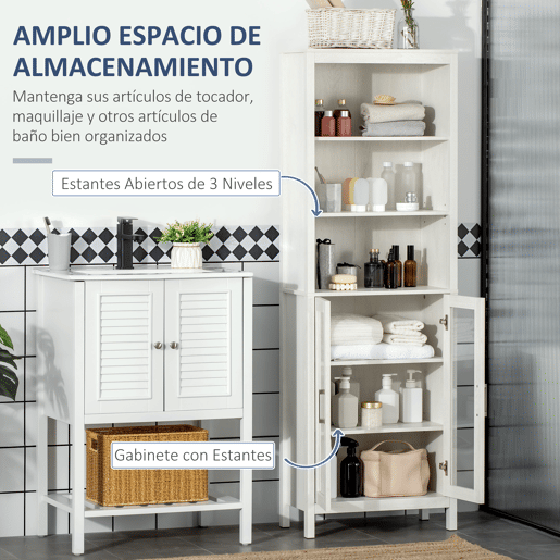 kleankin Armário Alto de Casa de Banho com 2 Portas de Vidro e 3 Prateleiras Abertas Armário Auxiliar Estilo Moderno para Sala de Estar Dormitório 53x30x162cm Branco