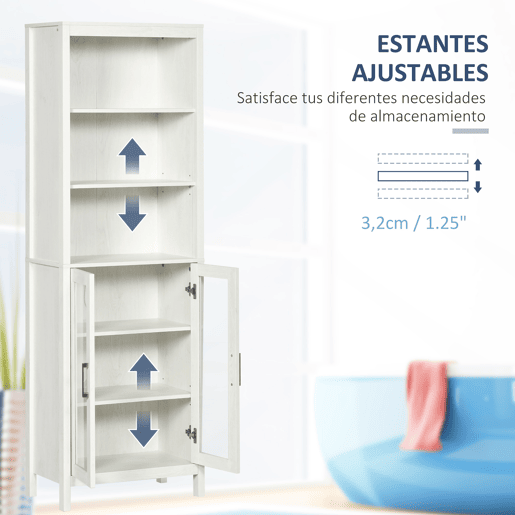 kleankin Armário Alto de Casa de Banho com 2 Portas de Vidro e 3 Prateleiras Abertas Armário Auxiliar Estilo Moderno para Sala de Estar Dormitório 53x30x162cm Branco