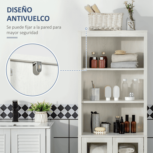 kleankin Armário Alto de Casa de Banho com 2 Portas de Vidro e 3 Prateleiras Abertas Armário Auxiliar Estilo Moderno para Sala de Estar Dormitório 53x30x162cm Branco