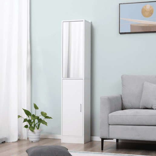 Kleankin Coluna Casa de Banho com Espelho Móvel Alto Casa de Banho com 2 Portas e Prateleiras Interiores Ajustáveis Multiúso para Cozinha Sala de Estar 32x28x162cm Branco