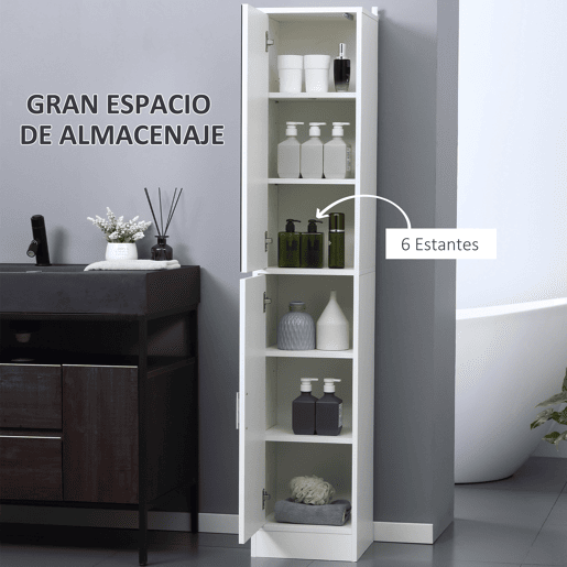 Kleankin Coluna Casa de Banho com Espelho Móvel Alto Casa de Banho com 2 Portas e Prateleiras Interiores Ajustáveis Multiúso para Cozinha Sala de Estar 32x28x162cm Branco
