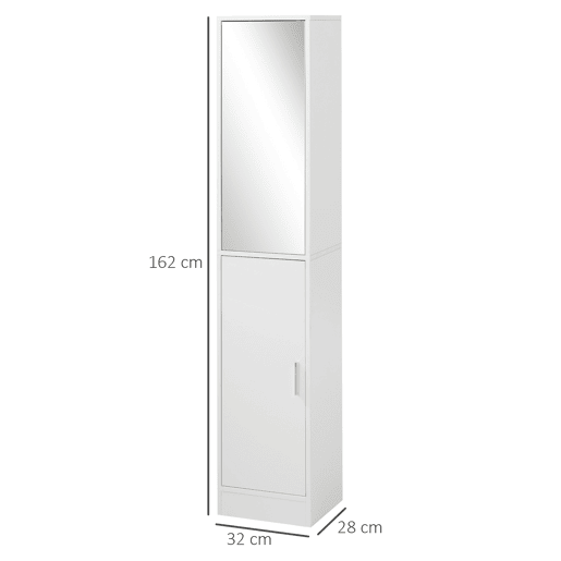 Kleankin Coluna Casa de Banho com Espelho Móvel Alto Casa de Banho com 2 Portas e Prateleiras Interiores Ajustáveis Multiúso para Cozinha Sala de Estar 32x28x162cm Branco