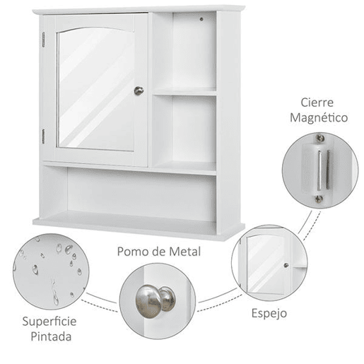 kleankin Armário de Parede Casa de Banho com Espelho de Espaço de Arrumação Armário Montado na Parede com Prateleira Ajustável Interior e Prateleiras Abertas 60x18x63 cm Branco