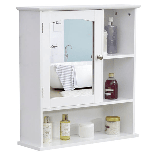 kleankin Armário de Parede Casa de Banho com Espelho de Espaço de Arrumação Armário Montado na Parede com Prateleira Ajustável Interior e Prateleiras Abertas 60x18x63 cm Branco