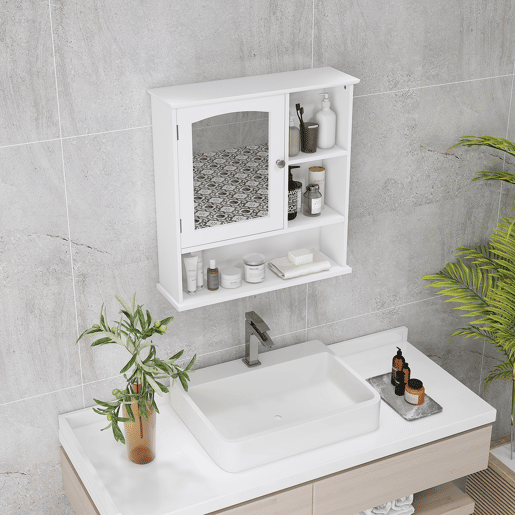 kleankin Armário de Parede Casa de Banho com Espelho de Espaço de Arrumação Armário Montado na Parede com Prateleira Ajustável Interior e Prateleiras Abertas 60x18x63 cm Branco