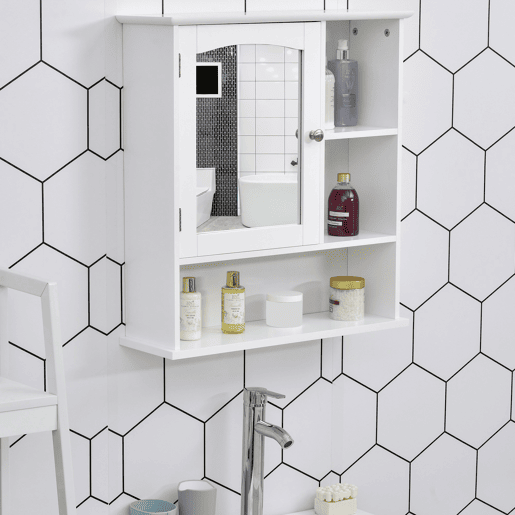 kleankin Armário de Parede Casa de Banho com Espelho de Espaço de Arrumação Armário Montado na Parede com Prateleira Ajustável Interior e Prateleiras Abertas 60x18x63 cm Branco