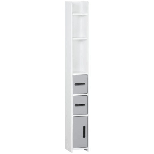 kleankin Coluna Casa de Banho com 3 Portas e 3 Prateleiras Abertas Coluna Auxiliar para Sala de Estar Casa de Banho Dormitório Estilo Moderno 15x17x120cm Branco e Cinza