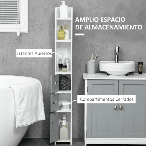 kleankin Coluna Casa de Banho com 3 Portas e 3 Prateleiras Abertas Coluna Auxiliar para Sala de Estar Casa de Banho Dormitório Estilo Moderno 15x17x120cm Branco e Cinza