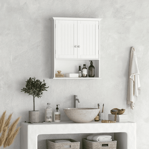 Kleankin Armário Casa de Banho com 2 Portas Prateleira Interior Ajustável e Compartimento Aberto Móvel Auxiliar Suspenso Multiúso para Cozinha 60x20x70,5cm Branco