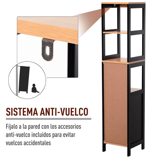 kleankin Coluna Casa de Banho com 3 Prateleiras e 2 Gavetas Armário Alto para Casa de banho Estilo Moderno 30x30x144,3 cm Madeira e Preto