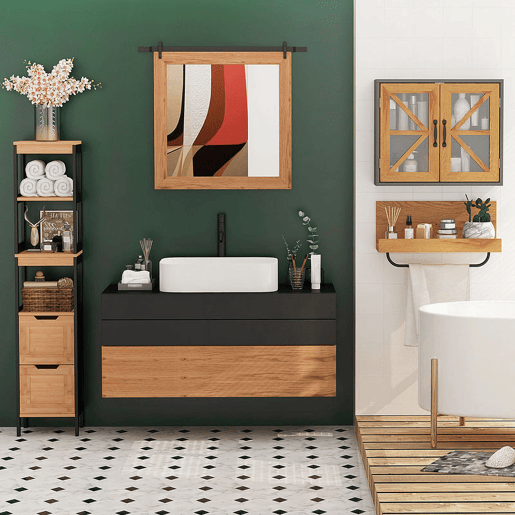 kleankin Coluna Casa de Banho com 3 Prateleiras e 2 Gavetas Armário Alto para Casa de banho Estilo Moderno 30x30x144,3 cm Madeira e Preto