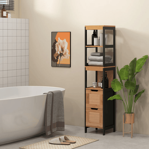 kleankin Coluna Casa de Banho com 3 Prateleiras e 2 Gavetas Armário Alto para Casa de banho Estilo Moderno 30x30x144,3 cm Madeira e Preto