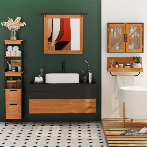 kleankin Coluna Casa de Banho com 3 Prateleiras e 2 Gavetas Armário Alto para Casa de banho Estilo Moderno 30x30x144,3 cm Madeira e Preto