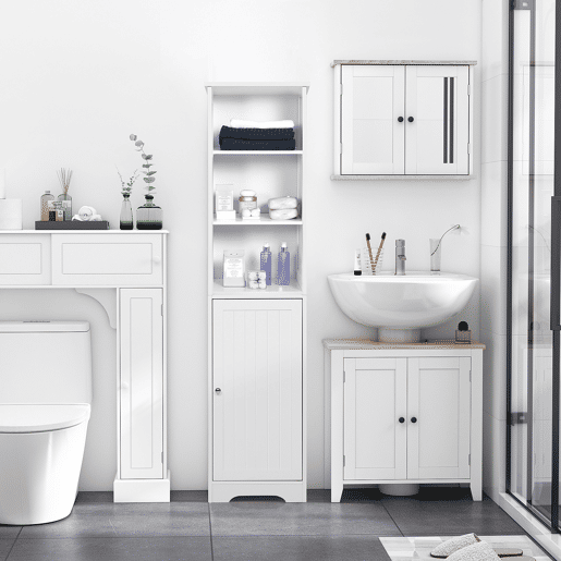 kleankin Armário de banheiro branco 5 níveis Prateleiras Coluna do banheiro com 3 prateleiras 1 porta de MDF e resistente à água 40x38x160cm kleankin Armário de banheiro branco 5 níveis Prateleiras Coluna do banheiro com 3 prateleiras 1 porta de MDF e resistente à água 40x38x160cm