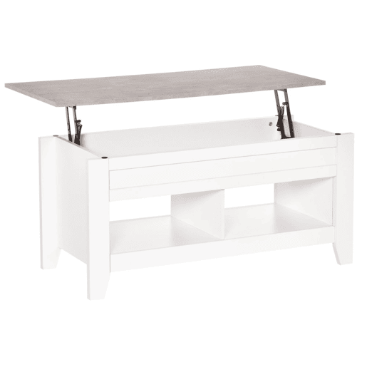 HOMCOM Mesa de Centro com Bancada Elevável Mesa de Centro com 2 Compartimentos Abertos Bancada de Imitação a Mármore Mesa Retangular para Sala de Estar 105x50x49cm Branco