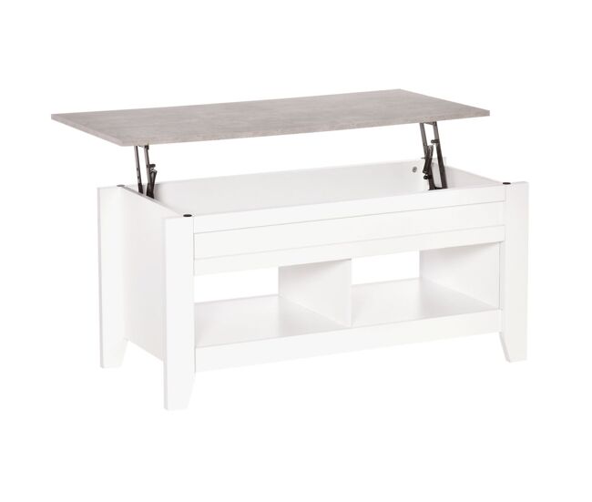 Homcom mesa de centro elevable mesa de café con encimera elevable 2 compartimentos abiertos y espacio oculto de almacenaje 105x50x49 cm blanco y efecto mármol