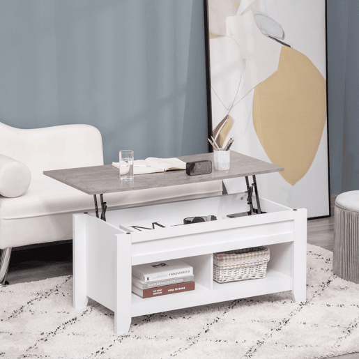 HOMCOM Mesa de Centro com Bancada Elevável Mesa de Centro com 2 Compartimentos Abertos Bancada de Imitação a Mármore Mesa Retangular para Sala de Estar 105x50x49cm Branco