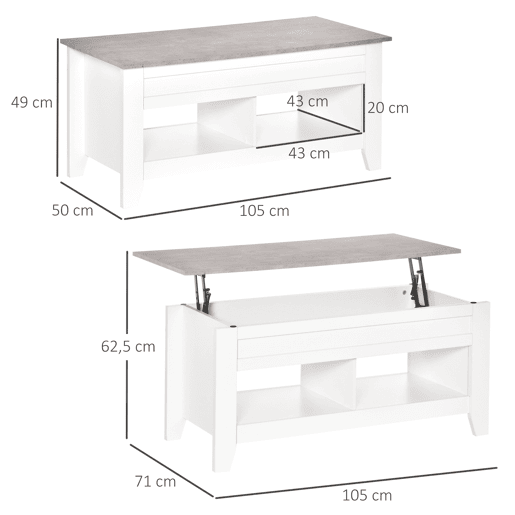 HOMCOM Mesa de Centro com Bancada Elevável Mesa de Centro com 2 Compartimentos Abertos Bancada de Imitação a Mármore Mesa Retangular para Sala de Estar 105x50x49cm Branco
