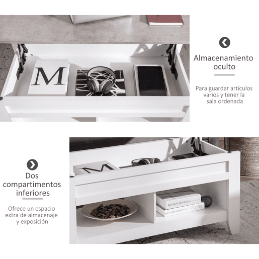 HOMCOM Mesa de Centro com Bancada Elevável Mesa de Centro com 2 Compartimentos Abertos Bancada de Imitação a Mármore Mesa Retangular para Sala de Estar 105x50x49cm Branco