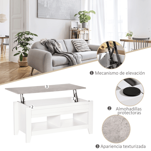 HOMCOM Mesa de Centro com Bancada Elevável Mesa de Centro com 2 Compartimentos Abertos Bancada de Imitação a Mármore Mesa Retangular para Sala de Estar 105x50x49cm Branco