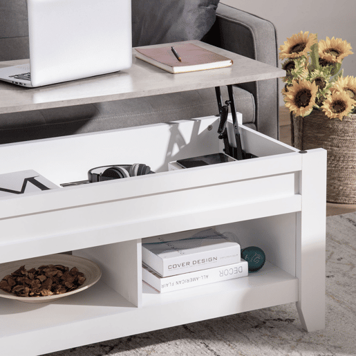 HOMCOM Mesa de Centro com Bancada Elevável Mesa de Centro com 2 Compartimentos Abertos Bancada de Imitação a Mármore Mesa Retangular para Sala de Estar 105x50x49cm Branco