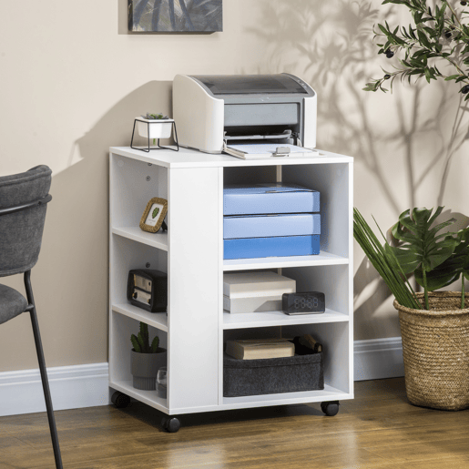 Vinsetto Armário para Impressora Móvel Auxiliar de Escritório com Rodas 3 Prateleiras Laterais e 3 Prateleiras Abertas Carga Máxima 30kg para Dormitório Sala de Estar Cozinha 60x40x75,8cm Branco