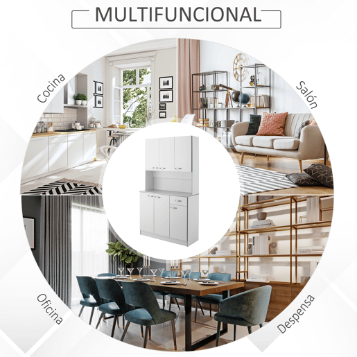 HOMCOM Armário de Cozinha Aparador de Sala de Jantar com 1 Gaveta 6 Portas e Prateleiras Ajustáveis Estilo Moderno 101x39x180 cm Branco