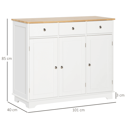 HOMCOM Aparador de Cozinha com 3 Gavetas 3 Portas e Prateleiras Ajustáveis Móvel Auxiliar de Armazenamento para Cozinha Sala de Estar Estilo Moderno Anti-Rolamento 101x40x85cm Branco HOMCOM Aparador de Cozinha com 3 Gavetas 3 Portas e Prateleiras Ajustáveis Móvel Auxiliar de Armazenamento para Cozinha Sala de Estar Estilo Moderno Anti-Rolamento 101x40x85cm Branco