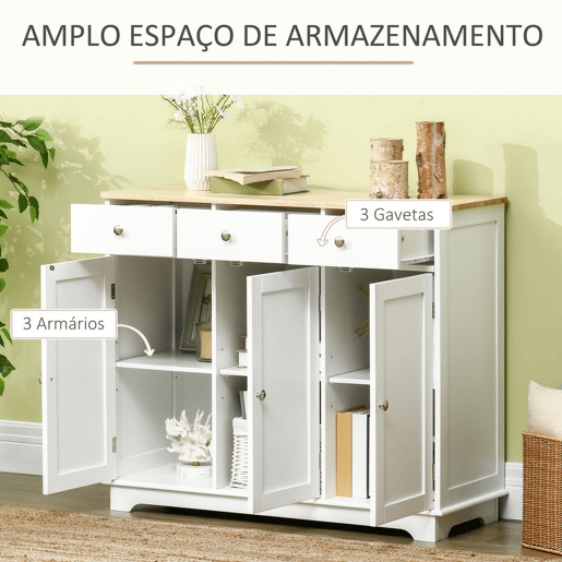 HOMCOM Aparador de Cozinha com 3 Gavetas 3 Portas e Prateleiras Ajustáveis Móvel Auxiliar de Armazenamento para Cozinha Sala de Estar Estilo Moderno Anti-Rolamento 101x40x85cm Branco HOMCOM Aparador de Cozinha com 3 Gavetas 3 Portas e Prateleiras Ajustáveis Móvel Auxiliar de Armazenamento para Cozinha Sala de Estar Estilo Moderno Anti-Rolamento 101x40x85cm Branco