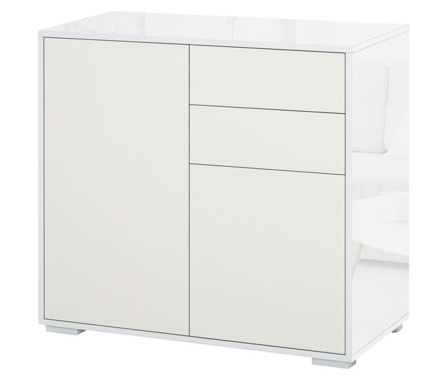 Homcom aparador para cocina con 2 puertas 2 cajones marco de blanco brillante estante ajustable apertura a presión armario de almacenamiento para dormitorio salón 79x36x74 cm blanco