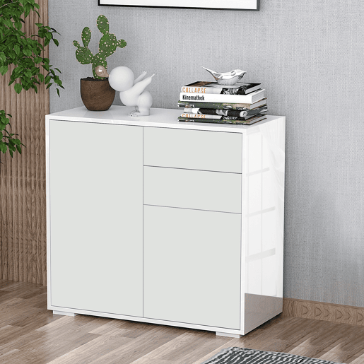 HOMCOM Aparador Auxiliar com 2 Portas 2 Gavetas e Prateleira Ajustável Abertura a Pressão Móvel Organizador de Armazenamento para Dormitório Sala de Estar 79x36x74cm Branco
