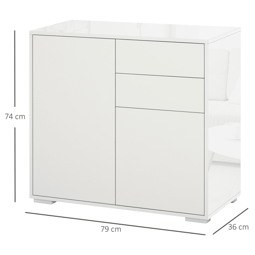 HOMCOM Aparador Auxiliar com 2 Portas 2 Gavetas e Prateleira Ajustável Abertura a Pressão Móvel Organizador de Armazenamento para Dormitório Sala de Estar 79x36x74cm Branco