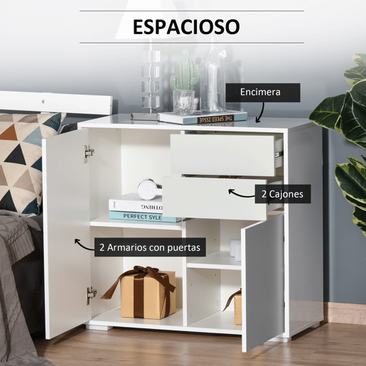 HOMCOM Aparador Auxiliar com 2 Portas 2 Gavetas e Prateleira Ajustável Abertura a Pressão Móvel Organizador de Armazenamento para Dormitório Sala de Estar 79x36x74cm Branco