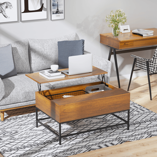 HOMCOM Mesa de Centro Elevável com Espaço de Armazenamento Oculto para Sala de Estar 90x60,5x45,5 cm Cor Teca