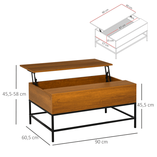 HOMCOM Mesa de Centro Elevável com Espaço de Armazenamento Oculto para Sala de Estar 90x60,5x45,5 cm Cor Teca