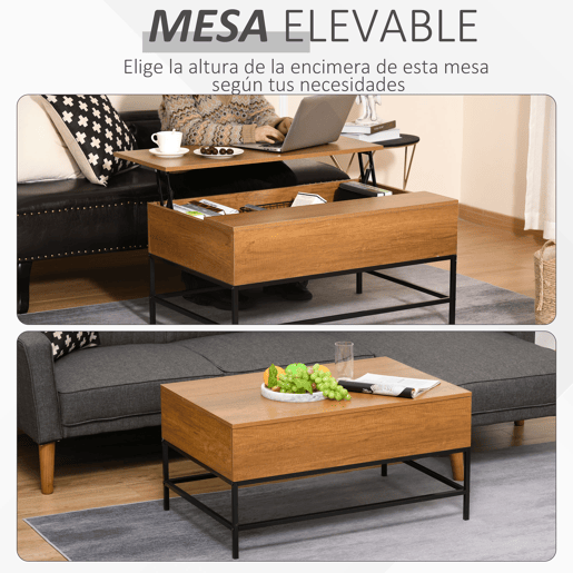 HOMCOM Mesa de Centro Elevável com Espaço de Armazenamento Oculto para Sala de Estar 90x60,5x45,5 cm Cor Teca