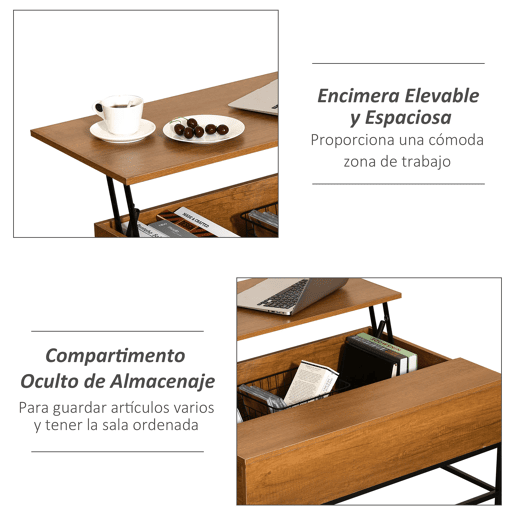 HOMCOM Mesa de Centro Elevável com Espaço de Armazenamento Oculto para Sala de Estar 90x60,5x45,5 cm Cor Teca