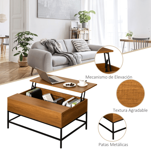 HOMCOM Mesa de Centro Elevável com Espaço de Armazenamento Oculto para Sala de Estar 90x60,5x45,5 cm Cor Teca