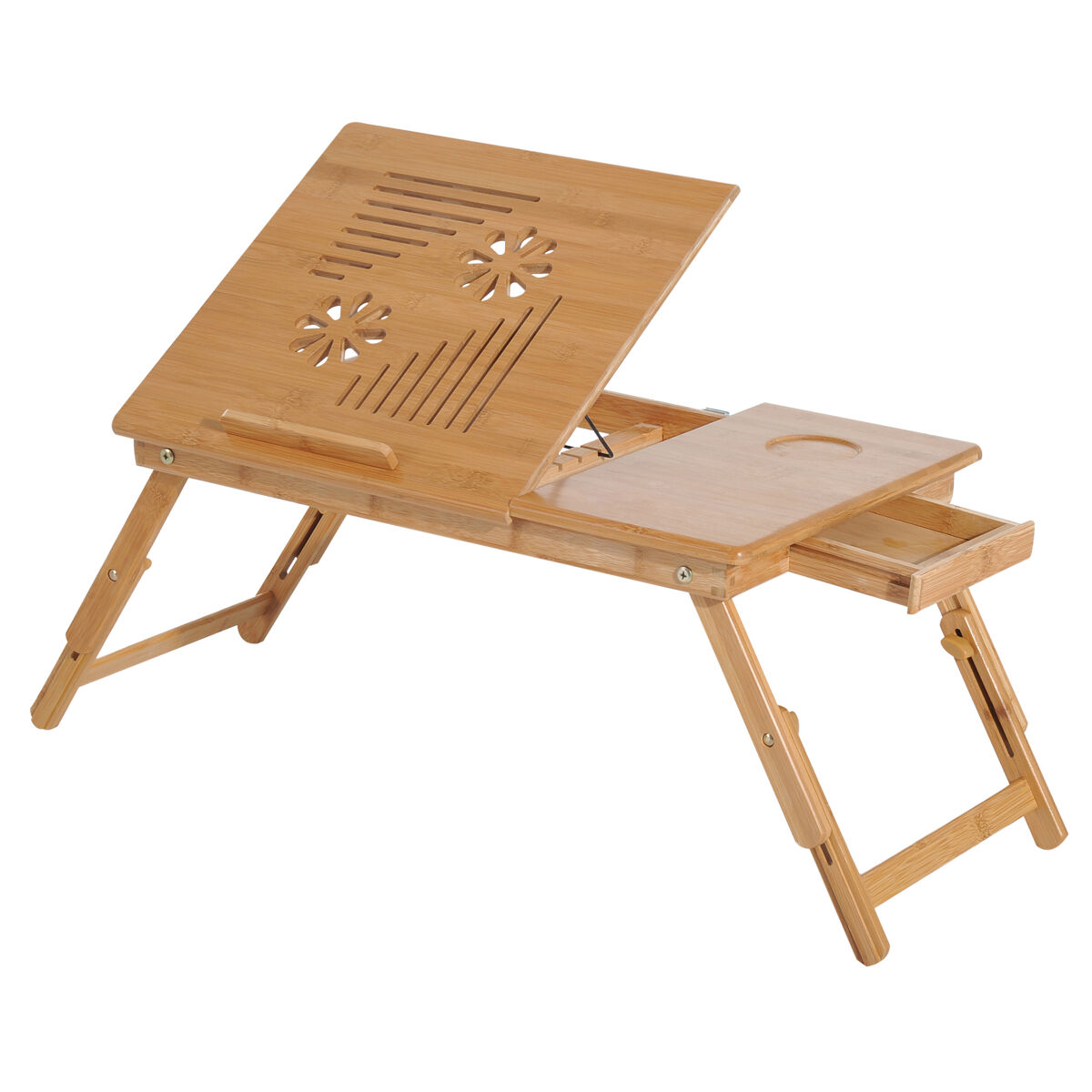 Homcom mesa plegable de bambú, mesa de ordenador portátil, para cama y sofá, altura ajustable, cajón, patas plegables, para leer, escribir, comer, trabajar, natural