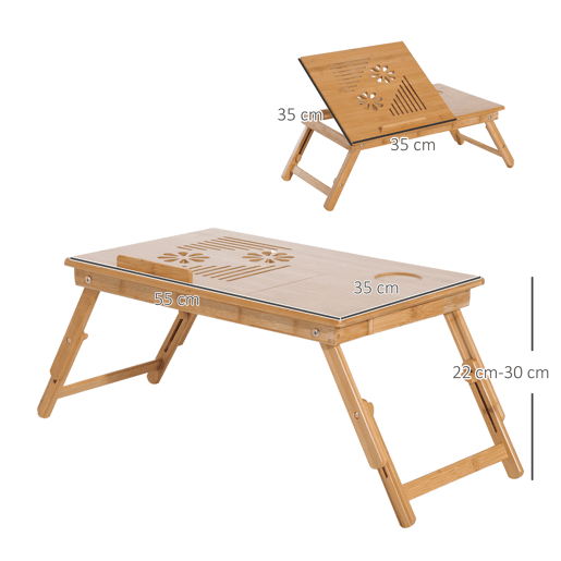 HomCom Mesa para computador portátil Bambu dobravel Altura ajustável 1 gaveta 55x35x22-30cm