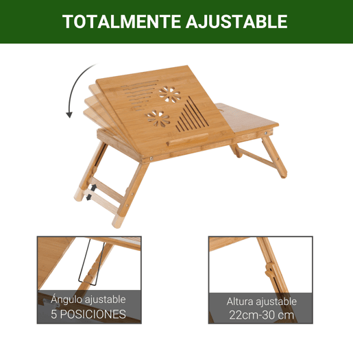 HomCom Mesa para computador portátil Bambu dobravel Altura ajustável 1 gaveta 55x35x22-30cm