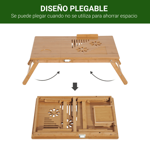 HomCom Mesa para computador portátil Bambu dobravel Altura ajustável 1 gaveta 55x35x22-30cm