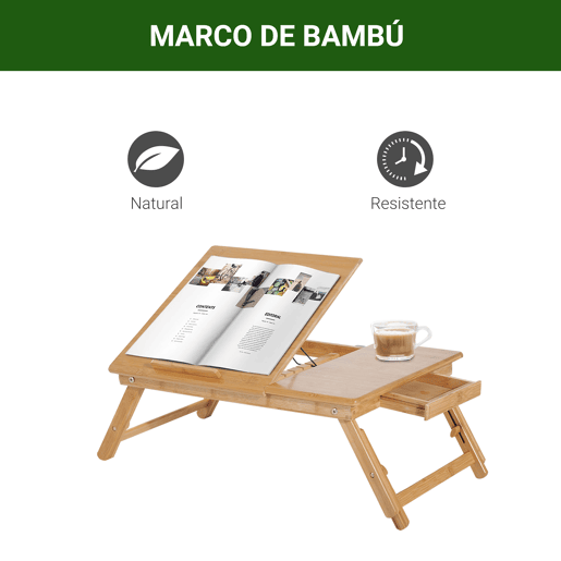 HomCom Mesa para computador portátil Bambu dobravel Altura ajustável 1 gaveta 55x35x22-30cm