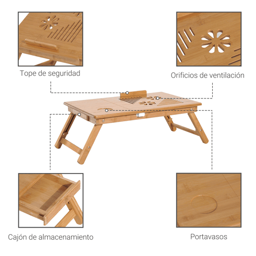 HomCom Mesa para computador portátil Bambu dobravel Altura ajustável 1 gaveta 55x35x22-30cm