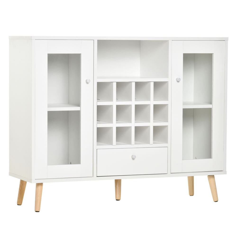 Homcom aparador de cocina buffet para salón alacena de almacenaje con botellero cajón estante abierto y 2 armarios con puertas de cristal moderno para comedor 100x33x80 cm blanco