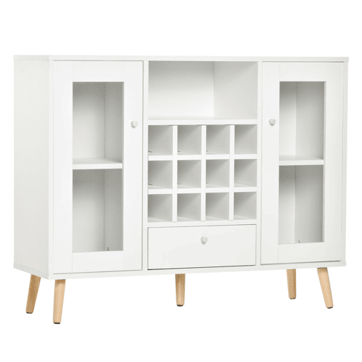 HOMCOM Aparador de Cozinha Armário de Armazenamento com 12 suportes para Garrafas e 3 Estantes Portas de vidro 100x30x80cm Branco