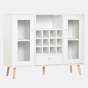 HOMCOM Aparador de Cozinha Armário de Armazenamento com 12 suportes para Garrafas e 3 Estantes Portas de vidro 100x30x80cm Branco