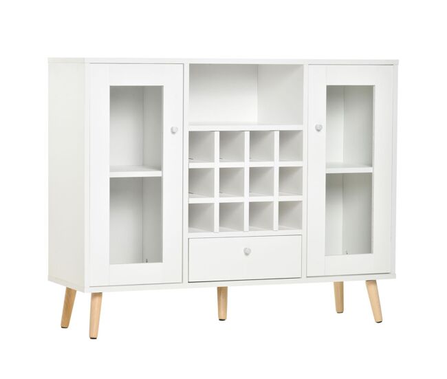 Homcom aparador de cocina buffet para salón alacena de almacenaje con botellero cajón estante abierto y 2 armarios con puertas de cristal moderno para comedor 100x33x80 cm blanco