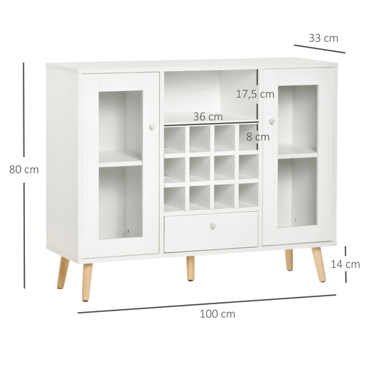 HOMCOM Aparador de Cozinha Armário de Armazenamento com 12 suportes para Garrafas e 3 Estantes Portas de vidro 100x30x80cm Branco